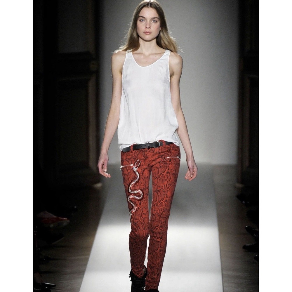 2008 Decarnin Balmain Python Snake Jeans Red Skinny Jeans Pants FR34 30in